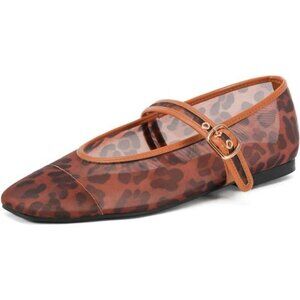 Leopard Mesh Ballet Flats Square Toe Mary Jane Buckle Dress Shoes Women